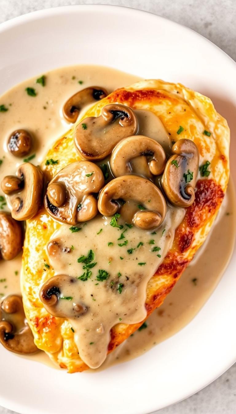 A close-up view of a freshly baked chicken breast, glistening with a creamy mushroom sauce. The chicken is perfectly golden brown, with a tender, juicy interior. The sauce is a rich, velvety blend of sautéed mushrooms, heavy cream, and aromatic herbs, creating a harmonious balance of flavors. The plate is set against a simple, neutral background, allowing the main dish to take center stage. The lighting is soft and warm, casting a cozy, inviting atmosphere. The camera angle is slightly elevated, highlighting the succulent texture of the chicken and the luscious sauce. This image perfectly captures the comforting and appetizing nature of this easy baked chicken breast recipe with a delectable creamy mushroom topping.