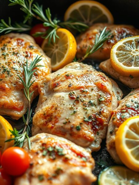 A close-up view of a sizzling cast-iron skillet filled with tender chicken thighs, vibrant lemon slices, and a variety of fresh herbs like rosemary, thyme, and parsley. The chicken is lightly golden-brown, its skin crisp and glistening. The vegetables, such as halved cherry tomatoes and sliced zucchini, are scattered around the skillet, adding pops of color and texture. The scene is illuminated by warm, natural lighting, casting a soft, inviting glow over the entire dish. The overall atmosphere is one of rustic, home-cooked comfort and the delightful aroma of the lemon-herb seasoned chicken.
