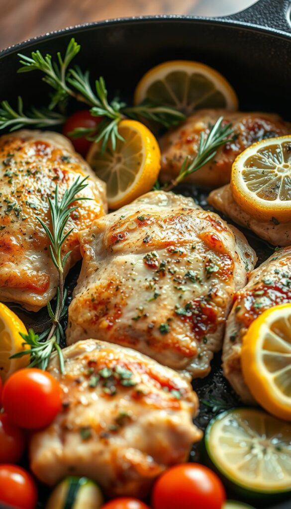 A close-up view of a sizzling cast-iron skillet filled with tender chicken thighs, vibrant lemon slices, and a variety of fresh herbs like rosemary, thyme, and parsley. The chicken is lightly golden-brown, its skin crisp and glistening. The vegetables, such as halved cherry tomatoes and sliced zucchini, are scattered around the skillet, adding pops of color and texture. The scene is illuminated by warm, natural lighting, casting a soft, inviting glow over the entire dish. The overall atmosphere is one of rustic, home-cooked comfort and the delightful aroma of the lemon-herb seasoned chicken.
