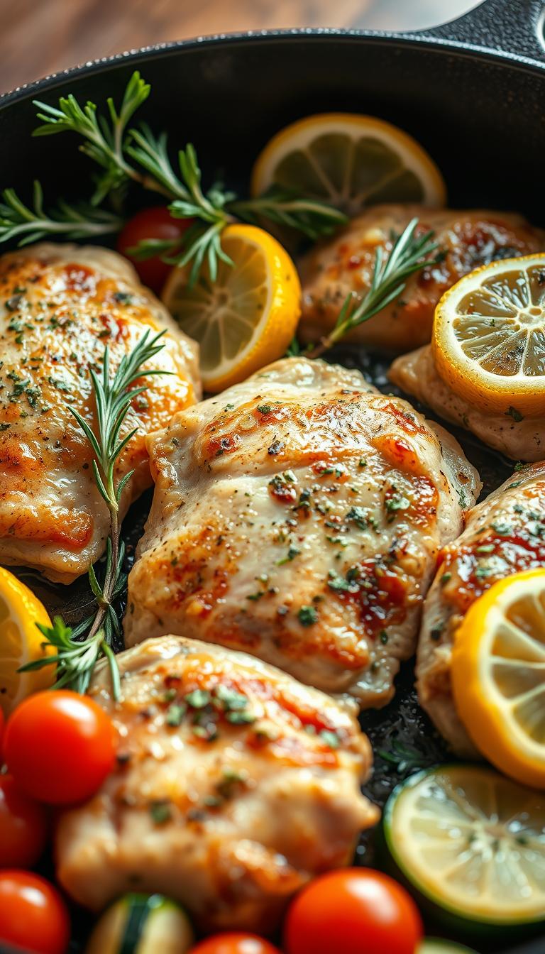 A close-up view of a sizzling cast-iron skillet filled with tender chicken thighs, vibrant lemon slices, and a variety of fresh herbs like rosemary, thyme, and parsley. The chicken is lightly golden-brown, its skin crisp and glistening. The vegetables, such as halved cherry tomatoes and sliced zucchini, are scattered around the skillet, adding pops of color and texture. The scene is illuminated by warm, natural lighting, casting a soft, inviting glow over the entire dish. The overall atmosphere is one of rustic, home-cooked comfort and the delightful aroma of the lemon-herb seasoned chicken.