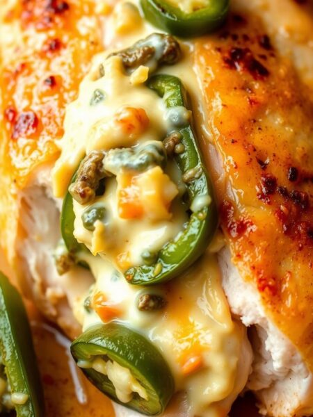 A close-up view of a tender, juicy chicken breast, stuffed with a creamy, spicy filling of roasted jalapeños, tangy cream cheese, and sharp cheddar. The chicken is lightly browned, with a crispy, golden-brown skin that glistens under soft, natural lighting. The filling oozes out slightly, revealing its vibrant green and orange hues, contrasting beautifully with the pale pink of the chicken meat. The scene is set against a warm, neutral background, allowing the dish to take center stage and tantalizing the viewer's senses with its mouthwatering appearance.