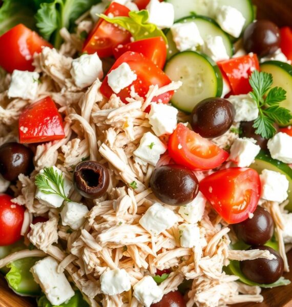 A colorful and appetizing Greek-style shredded chicken salad, presented in a rustic wooden bowl. The salad features tender shredded chicken, crisp romaine lettuce, juicy cherry tomatoes, crunchy cucumber slices, creamy feta cheese, and tangy Kalamata olives. The salad is dressed with a light and tangy Greek vinaigrette, garnished with fresh parsley. The lighting is soft and natural, highlighting the vibrant colors and textures of the ingredients. The overall composition is visually balanced and inviting, perfectly capturing the fresh and healthy essence of a Greek-inspired shredded chicken salad.