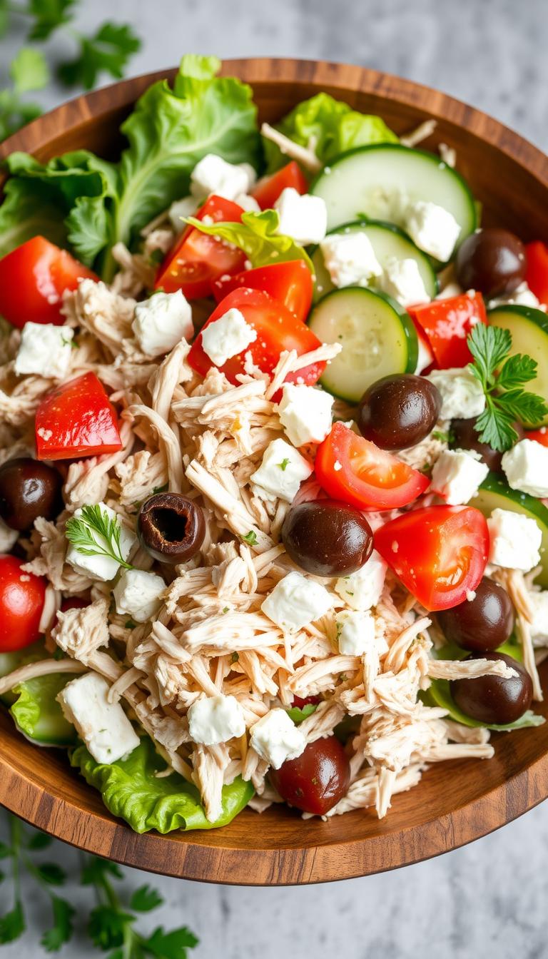 A colorful and appetizing Greek-style shredded chicken salad, presented in a rustic wooden bowl. The salad features tender shredded chicken, crisp romaine lettuce, juicy cherry tomatoes, crunchy cucumber slices, creamy feta cheese, and tangy Kalamata olives. The salad is dressed with a light and tangy Greek vinaigrette, garnished with fresh parsley. The lighting is soft and natural, highlighting the vibrant colors and textures of the ingredients. The overall composition is visually balanced and inviting, perfectly capturing the fresh and healthy essence of a Greek-inspired shredded chicken salad.