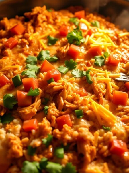 A comforting chicken enchilada rice bake, steaming hot from the oven, with tender shredded chicken, aromatic spices, and melted cheese layered over fluffy white rice. The dish is illuminated by warm, golden light, casting a cozy glow across the casserole dish. The surface is dotted with diced tomatoes, chopped cilantro, and a generous sprinkle of shredded cheddar, hinting at the delicious flavors within. The overall scene evokes a sense of homemade comfort, perfect for a satisfying family dinner.