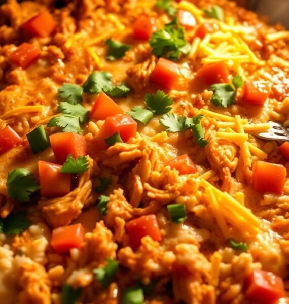 A comforting chicken enchilada rice bake, steaming hot from the oven, with tender shredded chicken, aromatic spices, and melted cheese layered over fluffy white rice. The dish is illuminated by warm, golden light, casting a cozy glow across the casserole dish. The surface is dotted with diced tomatoes, chopped cilantro, and a generous sprinkle of shredded cheddar, hinting at the delicious flavors within. The overall scene evokes a sense of homemade comfort, perfect for a satisfying family dinner.