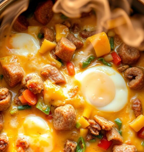 A cozy and inviting Instant Pot breakfast casserole, brimming with fluffy eggs, savory sausage, melted cheese, and a medley of diced vegetables like bell peppers, onions, and mushrooms. The casserole is beautifully presented in a shiny stainless steel Instant Pot, with steam gently escaping the lid, creating a mouthwatering aroma. The image is shot from an overhead angle, capturing the casserole's layers and textures in vivid detail, with warm, natural lighting casting a golden glow over the scene. The background is softly blurred, allowing the focus to remain on the delectable Instant Pot breakfast creation.