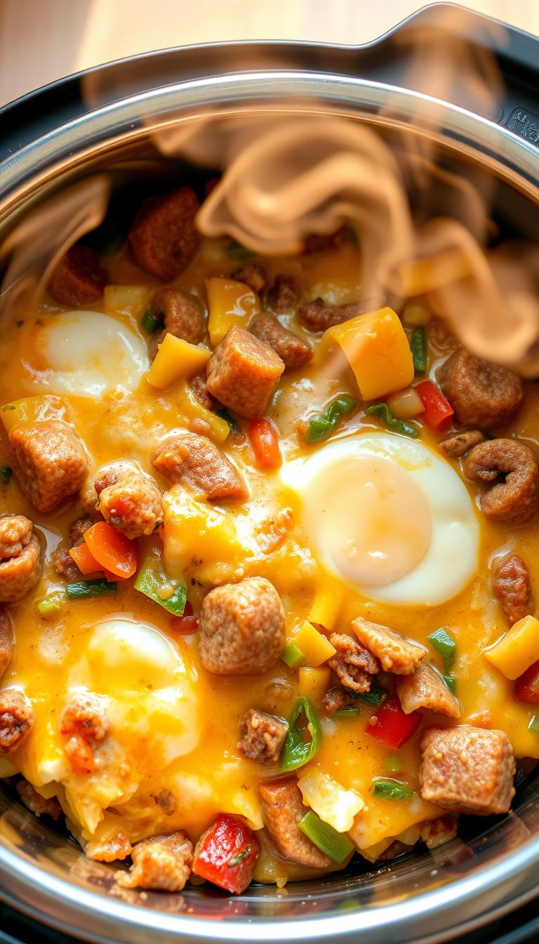 A cozy and inviting Instant Pot breakfast casserole, brimming with fluffy eggs, savory sausage, melted cheese, and a medley of diced vegetables like bell peppers, onions, and mushrooms. The casserole is beautifully presented in a shiny stainless steel Instant Pot, with steam gently escaping the lid, creating a mouthwatering aroma. The image is shot from an overhead angle, capturing the casserole's layers and textures in vivid detail, with warm, natural lighting casting a golden glow over the scene. The background is softly blurred, allowing the focus to remain on the delectable Instant Pot breakfast creation.