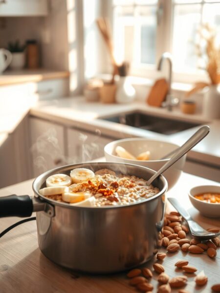 A cozy and inviting kitchen counter, bathed in warm, natural light from a large window. In the foreground, a freshly brewed pot of steel-cut oats, its steam gently rising, accompanied by an array of toppings: sliced bananas, a drizzle of honey, a sprinkle of cinnamon, and a handful of toasted almonds. In the middle ground, a clean white ceramic bowl and a matching spoon, ready to serve the hearty, nourishing breakfast. The background features simple, minimalist decor, allowing the focus to remain on the delectable oats and their tempting accompaniments.