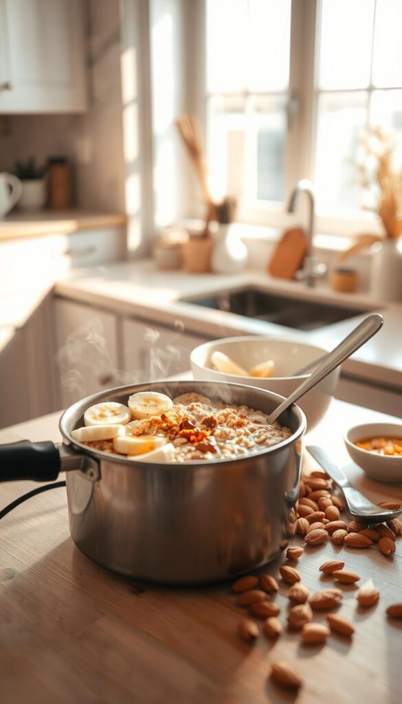 A cozy and inviting kitchen counter, bathed in warm, natural light from a large window. In the foreground, a freshly brewed pot of steel-cut oats, its steam gently rising, accompanied by an array of toppings: sliced bananas, a drizzle of honey, a sprinkle of cinnamon, and a handful of toasted almonds. In the middle ground, a clean white ceramic bowl and a matching spoon, ready to serve the hearty, nourishing breakfast. The background features simple, minimalist decor, allowing the focus to remain on the delectable oats and their tempting accompaniments.