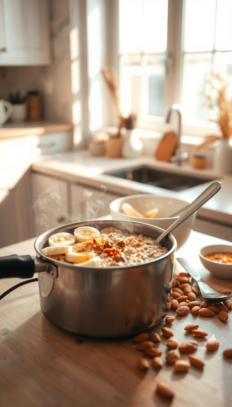 A cozy and inviting kitchen counter, bathed in warm, natural light from a large window. In the foreground, a freshly brewed pot of steel-cut oats, its steam gently rising, accompanied by an array of toppings: sliced bananas, a drizzle of honey, a sprinkle of cinnamon, and a handful of toasted almonds. In the middle ground, a clean white ceramic bowl and a matching spoon, ready to serve the hearty, nourishing breakfast. The background features simple, minimalist decor, allowing the focus to remain on the delectable oats and their tempting accompaniments.