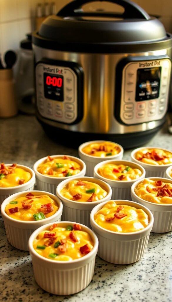 A cozy kitchen counter with a variety of freshly prepared Instant Pot egg bites, their golden-brown tops glistening under warm, soft lighting. Ramekins filled with fluffy, flavorful egg custard, complemented by diced vegetables, crumbled bacon, and melted cheese. A sleek, modern Instant Pot stands nearby, its display panel illuminated, signifying the ease and convenience of the cooking process. The scene exudes a sense of comfort, simplicity, and culinary delight, inviting the viewer to imagine the delicious, nutritious breakfast waiting to be savored.