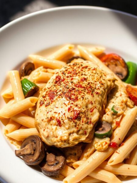 A creamy, dreamy Cajun chicken pasta dish served in a shallow white bowl. In the foreground, tender chicken breast sautéed with Cajun spices sits atop a bed of al dente penne pasta, coated in a velvety, rich cream sauce infused with smoky paprika and garlic. Around the edges, sautéed mushrooms, bell peppers, and onions add vibrant pops of color. The scene is lit from the side, casting dramatic shadows and highlighting the enticing textures. The overall mood is cozy, comforting, and utterly appetizing.