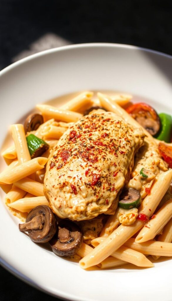 A creamy, dreamy Cajun chicken pasta dish served in a shallow white bowl. In the foreground, tender chicken breast sautéed with Cajun spices sits atop a bed of al dente penne pasta, coated in a velvety, rich cream sauce infused with smoky paprika and garlic. Around the edges, sautéed mushrooms, bell peppers, and onions add vibrant pops of color. The scene is lit from the side, casting dramatic shadows and highlighting the enticing textures. The overall mood is cozy, comforting, and utterly appetizing. A creamy, dreamy Cajun chicken pasta dish served in a shallow white bowl. In the foreground, tender chicken breast sautéed with Cajun spices sits atop a bed of al dente penne pasta, coated in a velvety, rich cream sauce infused with smoky paprika and garlic. Around the edges, sautéed mushrooms, bell peppers, and onions add vibrant pops of color. The scene is lit from the side, casting dramatic shadows and highlighting the enticing textures. The overall mood is cozy, comforting, and utterly appetizing.
