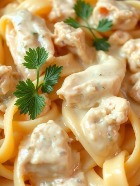 A creamy, dreamy chicken alfredo pasta dish with pappardelle noodles, thick and luscious sauce, tender chunks of chicken, and a light dusting of parmesan. The noodles glisten under warm, soft lighting, drawing the eye to the rich, creamy texture of the sauce. Garnished with a sprig of fresh parsley, the dish exudes a comforting, homemade atmosphere. Captured from a slight angle, the image showcases the layers of flavor and the dish's irresistible appeal.