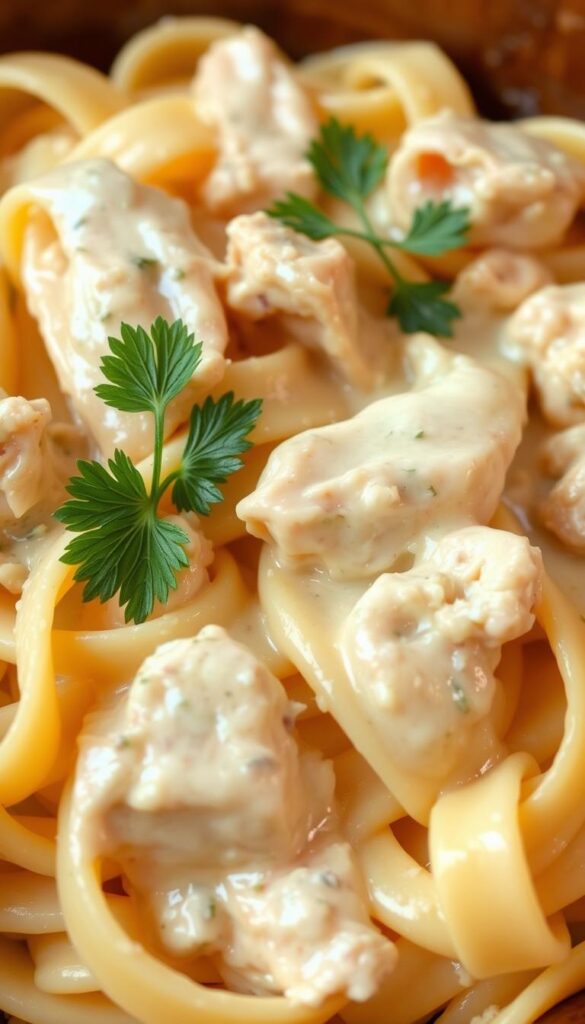 A creamy, dreamy chicken alfredo pasta dish with pappardelle noodles, thick and luscious sauce, tender chunks of chicken, and a light dusting of parmesan. The noodles glisten under warm, soft lighting, drawing the eye to the rich, creamy texture of the sauce. Garnished with a sprig of fresh parsley, the dish exudes a comforting, homemade atmosphere. Captured from a slight angle, the image showcases the layers of flavor and the dish's irresistible appeal. A creamy, dreamy chicken alfredo pasta dish with pappardelle noodles, thick and luscious sauce, tender chunks of chicken, and a light dusting of parmesan. The noodles glisten under warm, soft lighting, drawing the eye to the rich, creamy texture of the sauce. Garnished with a sprig of fresh parsley, the dish exudes a comforting, homemade atmosphere. Captured from a slight angle, the image showcases the layers of flavor and the dish's irresistible appeal.