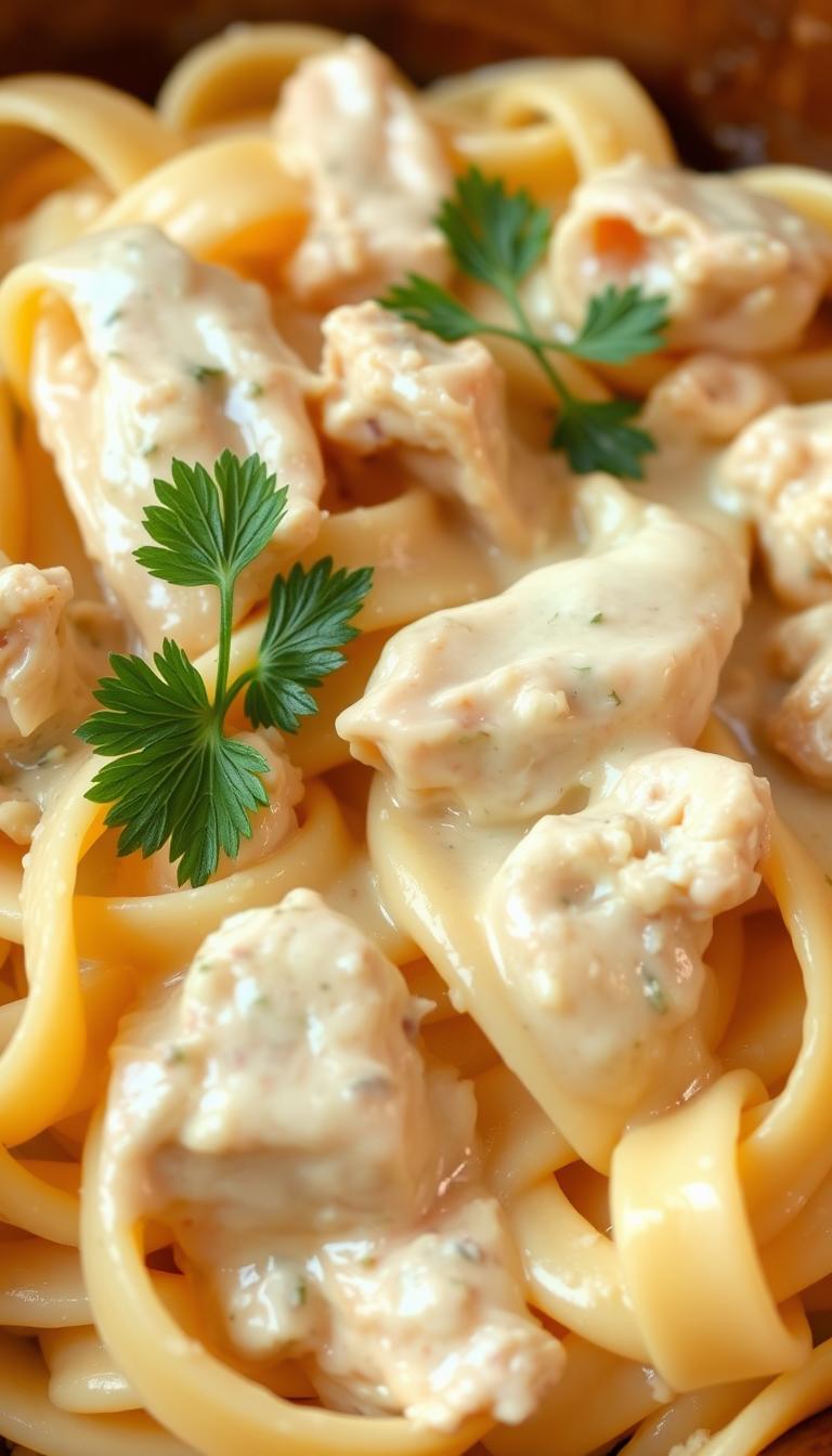 A creamy, dreamy chicken alfredo pasta dish with pappardelle noodles, thick and luscious sauce, tender chunks of chicken, and a light dusting of parmesan. The noodles glisten under warm, soft lighting, drawing the eye to the rich, creamy texture of the sauce. Garnished with a sprig of fresh parsley, the dish exudes a comforting, homemade atmosphere. Captured from a slight angle, the image showcases the layers of flavor and the dish's irresistible appeal.