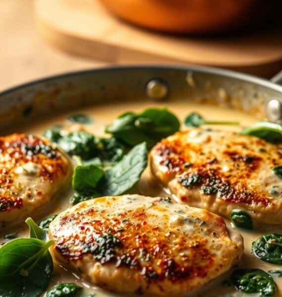 A creamy, fragrant spinach chicken skillet in warm, soft lighting. In the foreground, tender chicken breasts are seared to a golden-brown, nestled in a luscious, velvety spinach-and-cream sauce. The middle ground features fresh, vibrant spinach leaves wilting in the rich sauce. In the background, a copper-toned skillet rests on a wooden surface, suggesting a cozy, homemade meal. The lighting is soft and diffused, casting a comforting glow over the entire scene. The overall atmosphere is one of comfort, indulgence, and simple, wholesome deliciousness.