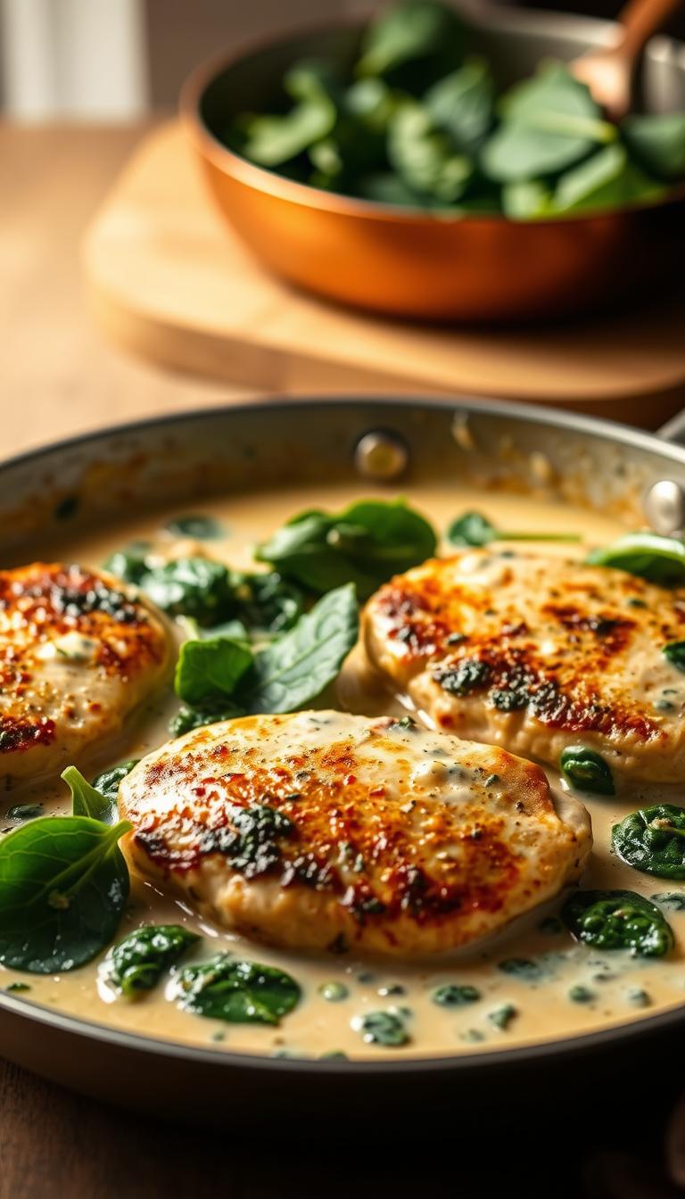 A creamy, fragrant spinach chicken skillet in warm, soft lighting. In the foreground, tender chicken breasts are seared to a golden-brown, nestled in a luscious, velvety spinach-and-cream sauce. The middle ground features fresh, vibrant spinach leaves wilting in the rich sauce. In the background, a copper-toned skillet rests on a wooden surface, suggesting a cozy, homemade meal. The lighting is soft and diffused, casting a comforting glow over the entire scene. The overall atmosphere is one of comfort, indulgence, and simple, wholesome deliciousness.