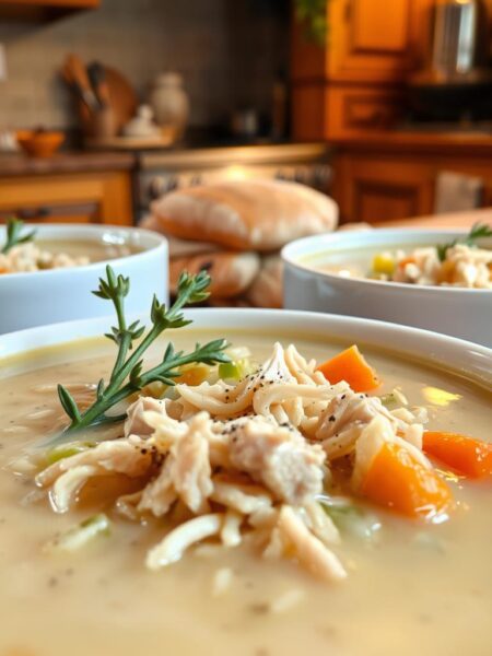 A creamy, soothing chicken soup with tender shredded chicken, silky broth, and savory herbs. In the foreground, steaming bowls of the comforting soup, garnished with fragrant thyme sprigs and a sprinkle of cracked black pepper. The middle ground features chunks of juicy rotisserie chicken, wild rice, and sautéed celery, carrots, and onions. In the background, a cozy kitchen setting with wooden cabinets, a vintage stove, and warm, indirect lighting casting a golden glow over the scene. The overall mood is nourishing, hearty, and nostalgic, evoking feelings of home and contentment.