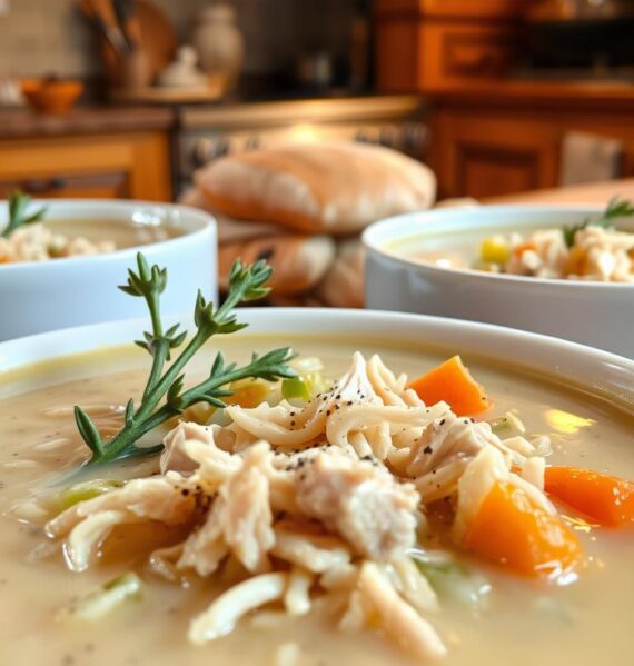 A creamy, soothing chicken soup with tender shredded chicken, silky broth, and savory herbs. In the foreground, steaming bowls of the comforting soup, garnished with fragrant thyme sprigs and a sprinkle of cracked black pepper. The middle ground features chunks of juicy rotisserie chicken, wild rice, and sautéed celery, carrots, and onions. In the background, a cozy kitchen setting with wooden cabinets, a vintage stove, and warm, indirect lighting casting a golden glow over the scene. The overall mood is nourishing, hearty, and nostalgic, evoking feelings of home and contentment.