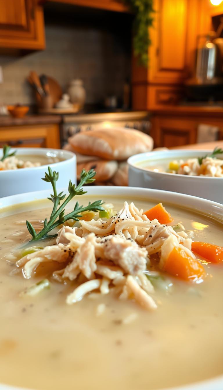 A creamy, soothing chicken soup with tender shredded chicken, silky broth, and savory herbs. In the foreground, steaming bowls of the comforting soup, garnished with fragrant thyme sprigs and a sprinkle of cracked black pepper. The middle ground features chunks of juicy rotisserie chicken, wild rice, and sautéed celery, carrots, and onions. In the background, a cozy kitchen setting with wooden cabinets, a vintage stove, and warm, indirect lighting casting a golden glow over the scene. The overall mood is nourishing, hearty, and nostalgic, evoking feelings of home and contentment.