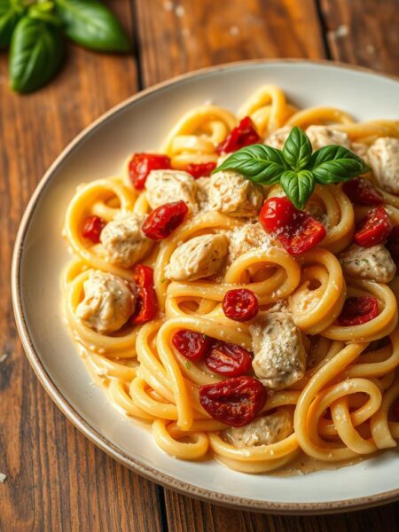 A creamy, sun-dried tomato chicken pasta dish served on a rustic wooden table, with soft, tender chicken pieces and vibrant, tangy sun-dried tomatoes nestled in a luscious, velvety cream sauce. The pasta is perfectly al dente, twirled and glistening in the warm, golden lighting that casts a cozy, comforting glow over the scene. Sprigs of fresh basil and a dusting of Parmesan cheese add a touch of freshness and richness to the overall composition. The image captures the inviting aroma and the homemade, hearty appeal of this delectable, comfort-food classic.