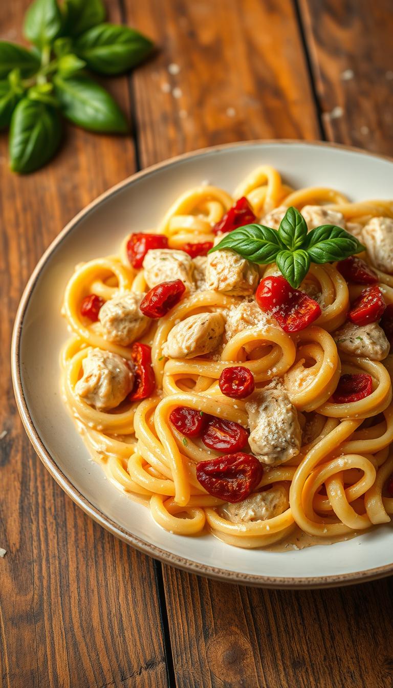 A creamy, sun-dried tomato chicken pasta dish served on a rustic wooden table, with soft, tender chicken pieces and vibrant, tangy sun-dried tomatoes nestled in a luscious, velvety cream sauce. The pasta is perfectly al dente, twirled and glistening in the warm, golden lighting that casts a cozy, comforting glow over the scene. Sprigs of fresh basil and a dusting of Parmesan cheese add a touch of freshness and richness to the overall composition. The image captures the inviting aroma and the homemade, hearty appeal of this delectable, comfort-food classic.