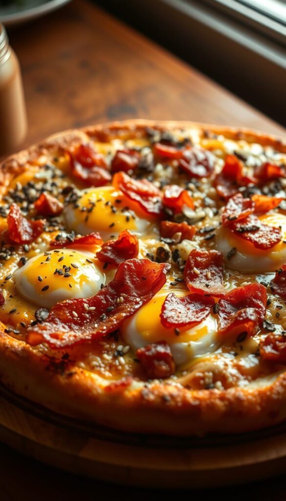 A crisp, freshly baked everything bagel pizza crust, brushed with garlic butter and topped with a medley of savory toppings. Gooey melted cheese, crispy bacon, scrambled eggs, and a sprinkle of sesame seeds, poppy seeds, dried onions, and garlic. The pizza is bathed in warm, soft lighting, creating a cozy, inviting atmosphere. The camera captures the pizza at a slight angle, showcasing the delectable toppings and the flaky, golden-brown crust. The overall scene evokes a mouthwatering sensation, enticing the viewer to indulge in this unique and satisfying breakfast pizza creation. A crisp, freshly baked everything bagel pizza crust, brushed with garlic butter and topped with a medley of savory toppings. Gooey melted cheese, crispy bacon, scrambled eggs, and a sprinkle of sesame seeds, poppy seeds, dried onions, and garlic. The pizza is bathed in warm, soft lighting, creating a cozy, inviting atmosphere. The camera captures the pizza at a slight angle, showcasing the delectable toppings and the flaky, golden-brown crust. The overall scene evokes a mouthwatering sensation, enticing the viewer to indulge in this unique and satisfying breakfast pizza creation.