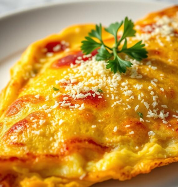 A crisp, golden-brown omelet with a generous sprinkle of freshly grated Parmesan cheese, garnished with a sprig of fresh parsley, shot in a close-up, high-angle perspective with soft, directional lighting illuminating the dish's textures and creating appealing shadows. The omelet is presented on a simple white plate against a subtly blurred background, emphasizing the dish's delectable, appetizing appearance.
