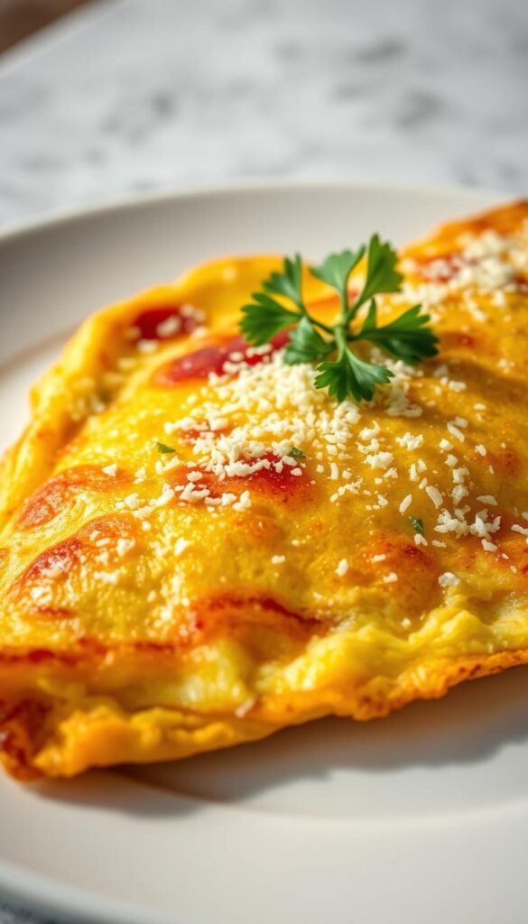 A crisp, golden-brown omelet with a generous sprinkle of freshly grated Parmesan cheese, garnished with a sprig of fresh parsley, shot in a close-up, high-angle perspective with soft, directional lighting illuminating the dish's textures and creating appealing shadows. The omelet is presented on a simple white plate against a subtly blurred background, emphasizing the dish's delectable, appetizing appearance.