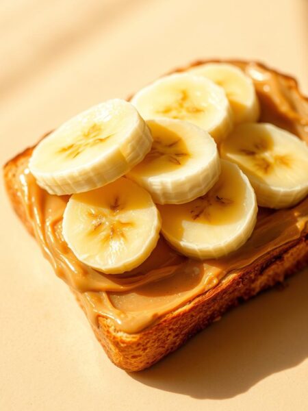 A crisp, golden-brown slice of freshly toasted bread, its surface glistening with a generous layer of creamy peanut butter. Ripe, sliced bananas fan out across the top, their yellow hues contrasting beautifully with the rich, nutty spread. The image is bathed in warm, natural lighting, casting a soft, inviting glow. The composition is clean and simple, allowing the delectable ingredients to take center stage. The overall scene exudes a sense of homey, comforting indulgence, perfect for starting the day on a delightful note.