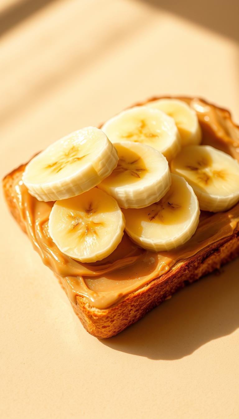 A crisp, golden-brown slice of freshly toasted bread, its surface glistening with a generous layer of creamy peanut butter. Ripe, sliced bananas fan out across the top, their yellow hues contrasting beautifully with the rich, nutty spread. The image is bathed in warm, natural lighting, casting a soft, inviting glow. The composition is clean and simple, allowing the delectable ingredients to take center stage. The overall scene exudes a sense of homey, comforting indulgence, perfect for starting the day on a delightful note.