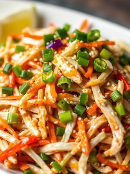 A delectable Asian-inspired shredded chicken slaw, glistening with a tangy, umami-rich dressing. Crisp shreds of cabbage, carrots, and scallions nestled atop a bed of tender, lightly charred chicken. Vibrant pops of color from julienned bell peppers and sesame seeds. Captured in a high-key, natural lighting setup with a shallow depth of field, emphasizing the dish's fresh, inviting textures and flavors. Conveying a sense of balance, vibrancy, and appetite appeal.