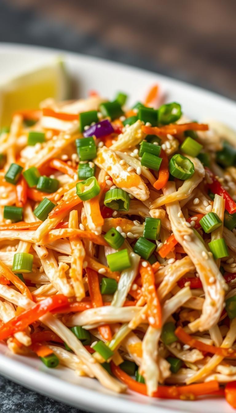 A delectable Asian-inspired shredded chicken slaw, glistening with a tangy, umami-rich dressing. Crisp shreds of cabbage, carrots, and scallions nestled atop a bed of tender, lightly charred chicken. Vibrant pops of color from julienned bell peppers and sesame seeds. Captured in a high-key, natural lighting setup with a shallow depth of field, emphasizing the dish's fresh, inviting textures and flavors. Conveying a sense of balance, vibrancy, and appetite appeal.