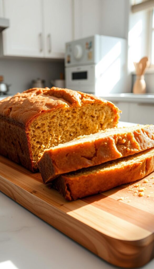 A delectable Instant Pot Banana Bread, freshly baked with a golden crust and a moist, dense interior. The bread is presented on a wooden cutting board, its slices revealing the rich, banana-infused crumb. Sunlight streams through a nearby window, casting a warm, inviting glow on the scene. The background is a clean, minimalist kitchen, with subtle hints of appliances and utensils visible. The composition is well-balanced, highlighting the bread's texture and aroma. The lighting is soft and natural, accentuating the bread's inviting appearance. The overall mood is one of homey comfort and culinary delight.