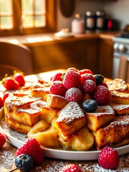 A delectable Instant Pot French Toast Casserole, bathed in warm golden light and garnished with fresh berries and a light dusting of powdered sugar. The casserole fills the frame, with a soft, custard-like interior and a gently crisped top, surrounded by a rustic wooden table setting. The background features a cozy kitchen scene, with natural sunlight streaming through the windows, illuminating the scene with a inviting, homey atmosphere.