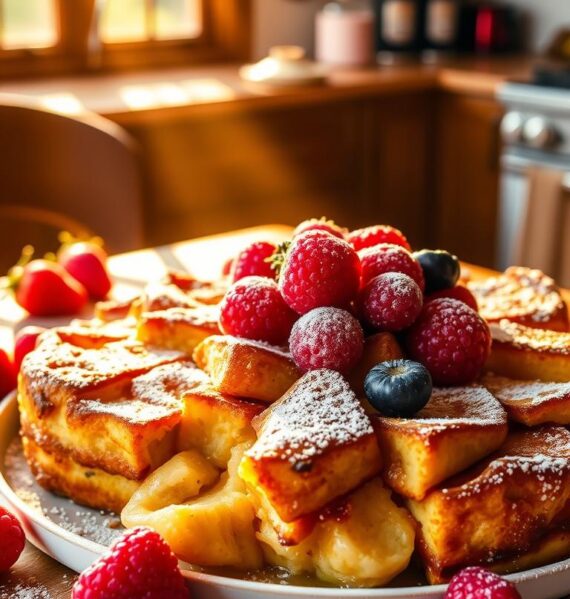 A delectable Instant Pot French Toast Casserole, bathed in warm golden light and garnished with fresh berries and a light dusting of powdered sugar. The casserole fills the frame, with a soft, custard-like interior and a gently crisped top, surrounded by a rustic wooden table setting. The background features a cozy kitchen scene, with natural sunlight streaming through the windows, illuminating the scene with a inviting, homey atmosphere.