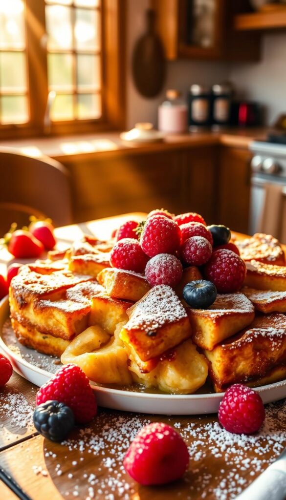 A delectable Instant Pot French Toast Casserole, bathed in warm golden light and garnished with fresh berries and a light dusting of powdered sugar. The casserole fills the frame, with a soft, custard-like interior and a gently crisped top, surrounded by a rustic wooden table setting. The background features a cozy kitchen scene, with natural sunlight streaming through the windows, illuminating the scene with a inviting, homey atmosphere.