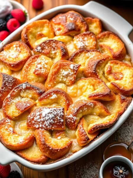 A delectable Instant Pot French toast casserole, its golden-brown surface glistening under warm, soft lighting. Thick slices of fluffy bread soaked in a rich custard mixture, infused with the aromatic scents of vanilla, cinnamon, and a hint of maple. The casserole dish sits atop a wooden table, surrounded by fresh berries, powdered sugar, and a small pitcher of maple syrup, ready to be drizzled over the decadent creation. The scene exudes a cozy, comforting atmosphere, inviting the viewer to savor every bite of this quick and easy Instant Pot breakfast.