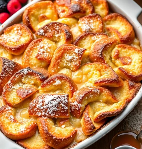 A delectable Instant Pot French toast casserole, its golden-brown surface glistening under warm, soft lighting. Thick slices of fluffy bread soaked in a rich custard mixture, infused with the aromatic scents of vanilla, cinnamon, and a hint of maple. The casserole dish sits atop a wooden table, surrounded by fresh berries, powdered sugar, and a small pitcher of maple syrup, ready to be drizzled over the decadent creation. The scene exudes a cozy, comforting atmosphere, inviting the viewer to savor every bite of this quick and easy Instant Pot breakfast.