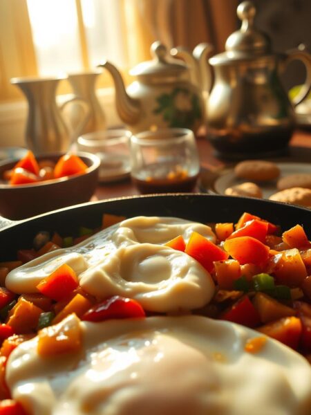 A delectable Turkish breakfast dish, Menemen, takes center stage in this vibrant scene. In the foreground, a cast-iron skillet sizzles with a medley of diced tomatoes, bell peppers, and onions, bathed in a golden sunlight that filters through the window. The middle ground showcases fluffy, scrambled eggs gently folded into the fragrant vegetable mixture, their creamy texture a perfect foil to the tangy, slightly charred vegetables. In the background, a traditional Turkish tea set, complete with tulip-shaped glasses and a steaming pot, sets the stage for this authentic culinary experience. The warm, earthy tones and rustic textures evoke the comforting flavors of a traditional Turkish morning meal.
