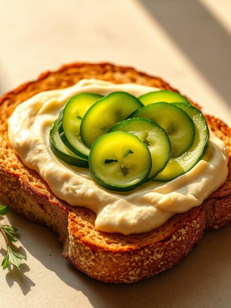 A delectable arrangement of hummus and fresh cucumber atop artisanal sourdough toast. The hummus is a smooth, creamy canvas, elegantly topped with paper-thin slices of crisp cucumber, their verdant hues adding a vibrant contrast. Sunlight filters in from the side, casting a warm, golden glow on the scene and highlighting the intricate textures of the bread. The composition is balanced and inviting, beckoning the viewer to reach out and savor this simple yet satisfying breakfast treat. The entire setup is photographed from a slight overhead angle, capturing the scene in natural, diffused lighting for a mouthwatering, appetizing final result.