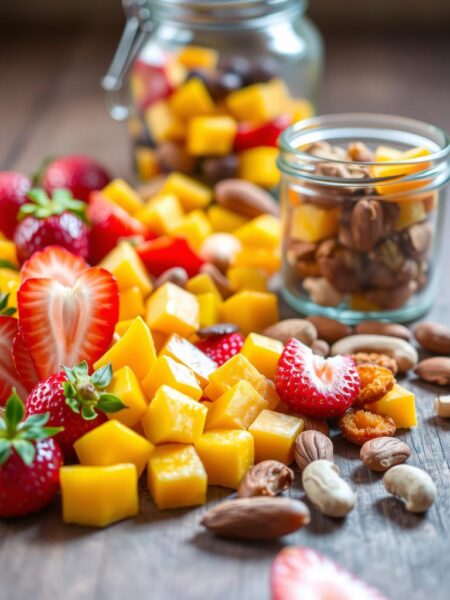 A delectable assortment of vibrant, bite-sized fruit snacks arranged on a rustic wooden surface. In the foreground, an array of sliced strawberries, juicy mango cubes, and chewy dried apricots, complemented by a scattering of roasted almonds and cashews. The mid-ground features a glass jar filled with a harmonious blend of these natural treats, its contents spilling out invitingly. Soft, natural lighting filters in, casting a warm glow and accentuating the vibrant colors and textures of the wholesome ingredients. The overall scene evokes a sense of wholesomeness, simplicity, and the joy of a healthful, homemade snack.