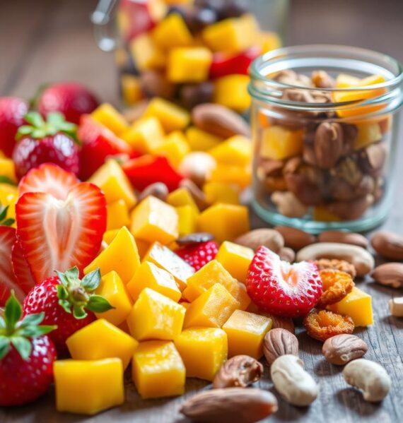 A delectable assortment of vibrant, bite-sized fruit snacks arranged on a rustic wooden surface. In the foreground, an array of sliced strawberries, juicy mango cubes, and chewy dried apricots, complemented by a scattering of roasted almonds and cashews. The mid-ground features a glass jar filled with a harmonious blend of these natural treats, its contents spilling out invitingly. Soft, natural lighting filters in, casting a warm glow and accentuating the vibrant colors and textures of the wholesome ingredients. The overall scene evokes a sense of wholesomeness, simplicity, and the joy of a healthful, homemade snack.