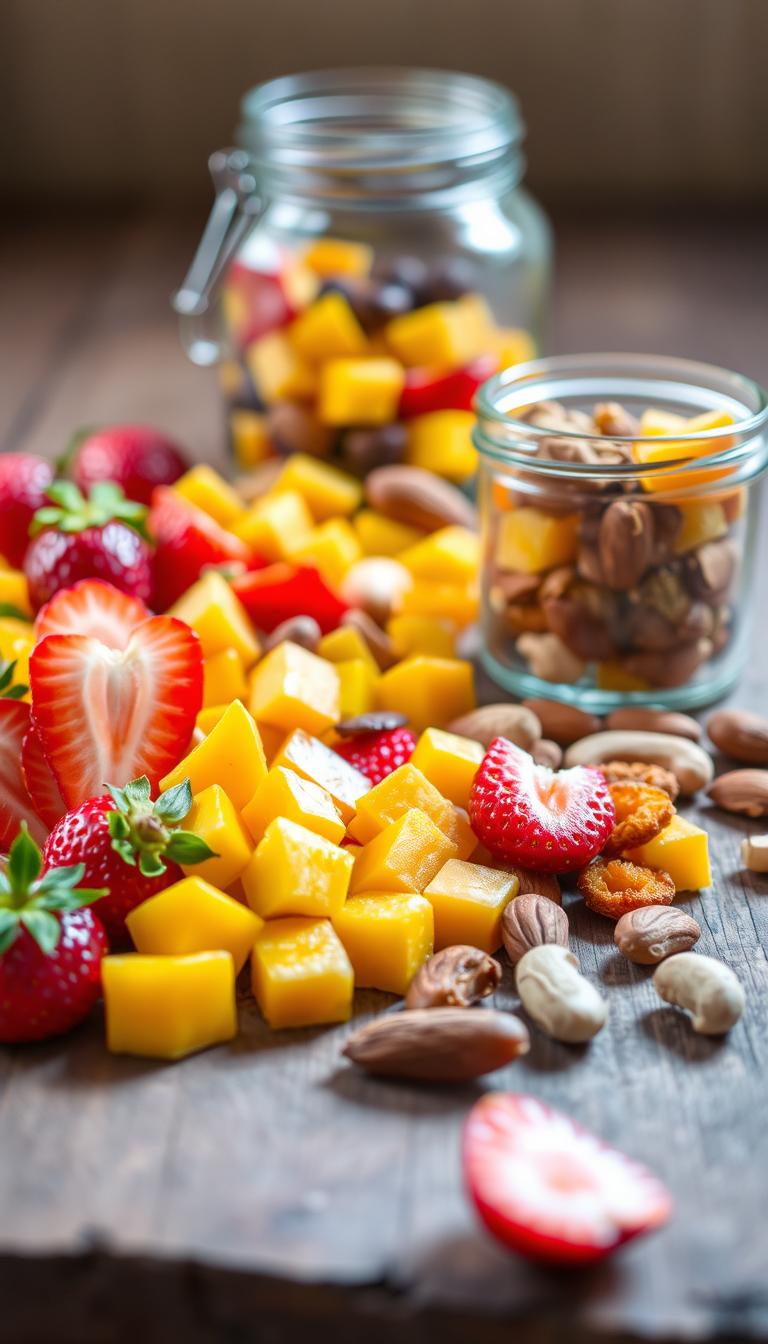 A delectable assortment of vibrant, bite-sized fruit snacks arranged on a rustic wooden surface. In the foreground, an array of sliced strawberries, juicy mango cubes, and chewy dried apricots, complemented by a scattering of roasted almonds and cashews. The mid-ground features a glass jar filled with a harmonious blend of these natural treats, its contents spilling out invitingly. Soft, natural lighting filters in, casting a warm glow and accentuating the vibrant colors and textures of the wholesome ingredients. The overall scene evokes a sense of wholesomeness, simplicity, and the joy of a healthful, homemade snack.