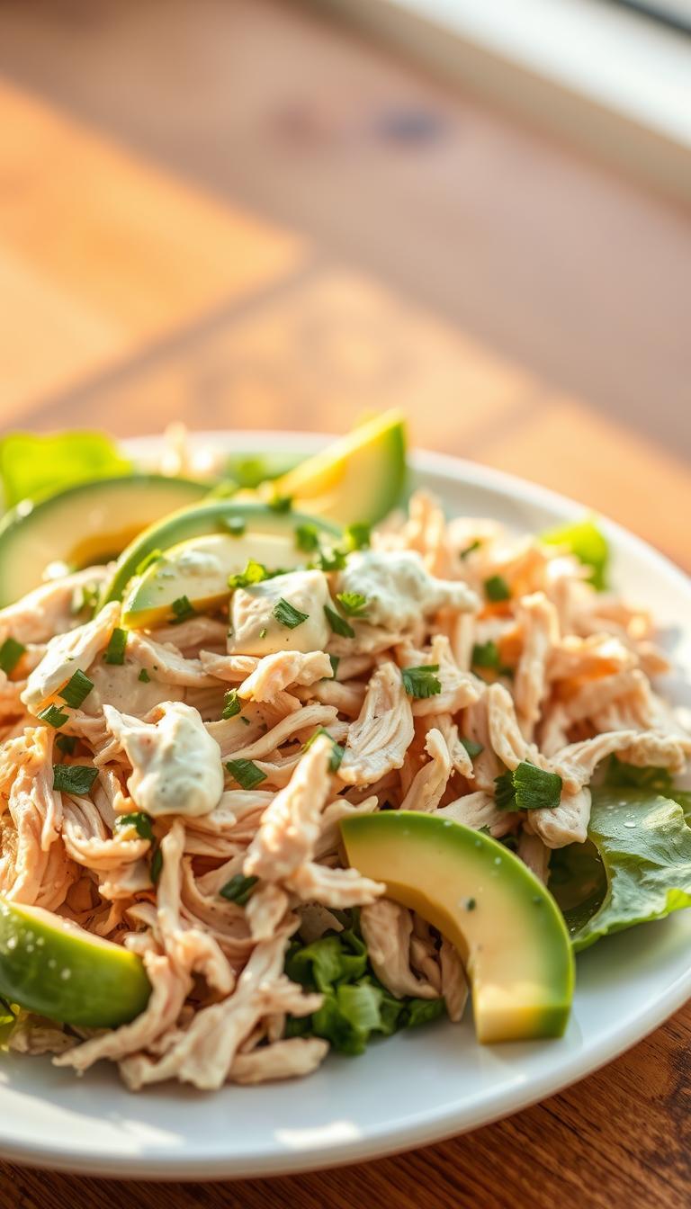 A delectable avocado ranch chicken salad is presented on a crisp white plate, the shredded chicken glistening with a creamy, flavorful dressing. Vibrant green avocado slices are carefully arranged, complementing the tender chicken. A light scatter of fresh herbs adds a touch of verdant freshness. The composition is perfectly balanced, with the salad taking center stage against a softly blurred background, illuminated by warm natural lighting from the side. The overall mood is one of health, comfort, and culinary delight.