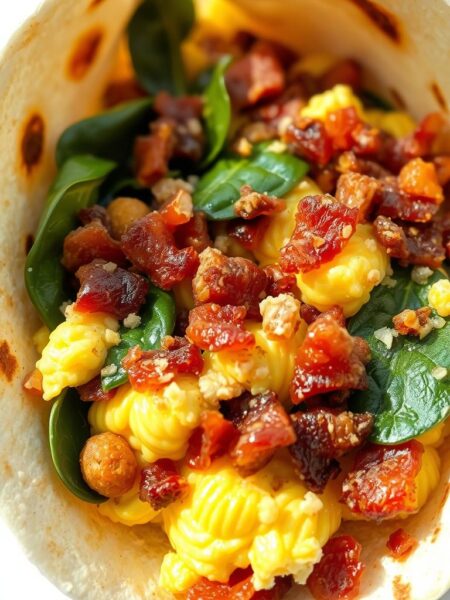 A delectable breakfast wrap filling scene: Freshly scrambled eggs speckled with crumbled bacon, crisp hash brown patties, and wilted spinach leaves nestled within a warm, toasted tortilla wrap. The filling is backlit by soft, natural light, casting gentle shadows and highlights that accentuate the textures and colors. The overall mood is inviting and mouthwatering, capturing the comforting essence of a hearty breakfast. Photographed from a slightly elevated angle to showcase the layers of this satisfying morning meal.