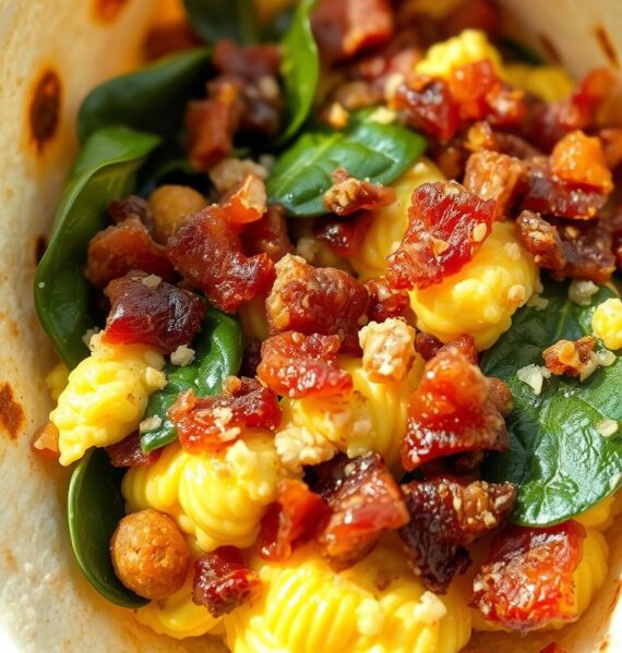 A delectable breakfast wrap filling scene: Freshly scrambled eggs speckled with crumbled bacon, crisp hash brown patties, and wilted spinach leaves nestled within a warm, toasted tortilla wrap. The filling is backlit by soft, natural light, casting gentle shadows and highlights that accentuate the textures and colors. The overall mood is inviting and mouthwatering, capturing the comforting essence of a hearty breakfast. Photographed from a slightly elevated angle to showcase the layers of this satisfying morning meal.