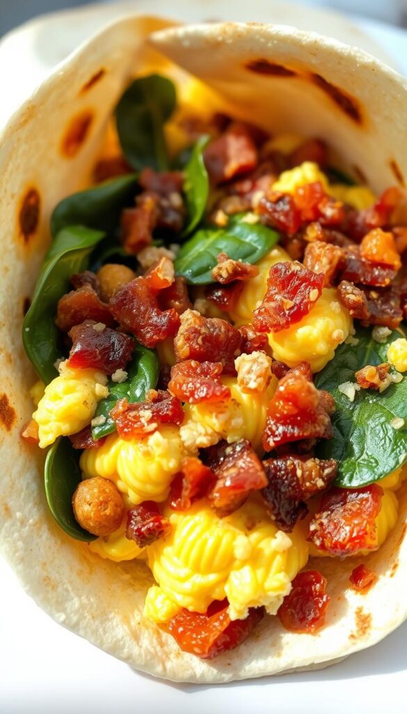 A delectable breakfast wrap filling scene: Freshly scrambled eggs speckled with crumbled bacon, crisp hash brown patties, and wilted spinach leaves nestled within a warm, toasted tortilla wrap. The filling is backlit by soft, natural light, casting gentle shadows and highlights that accentuate the textures and colors. The overall mood is inviting and mouthwatering, capturing the comforting essence of a hearty breakfast. Photographed from a slightly elevated angle to showcase the layers of this satisfying morning meal.