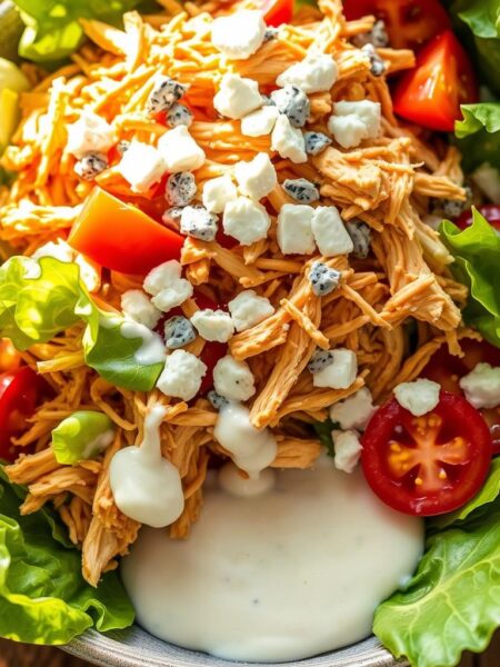 A delectable buffalo chicken salad filled with shredded chicken, crisp lettuce, juicy tomatoes, and tangy crumbled blue cheese, drizzled with a creamy yogurt-based dressing. The salad is illuminated by warm, natural lighting, creating a vibrant and appetizing scene. Captured from a high-angle view, the salad appears fresh and inviting, with the dressing pooling at the bottom of the bowl, tempting the viewer to dive in. The overall mood is one of a healthy, flavorful meal, perfect for the "8 Healthy Salads Featuring Shredded Chicken" article.
